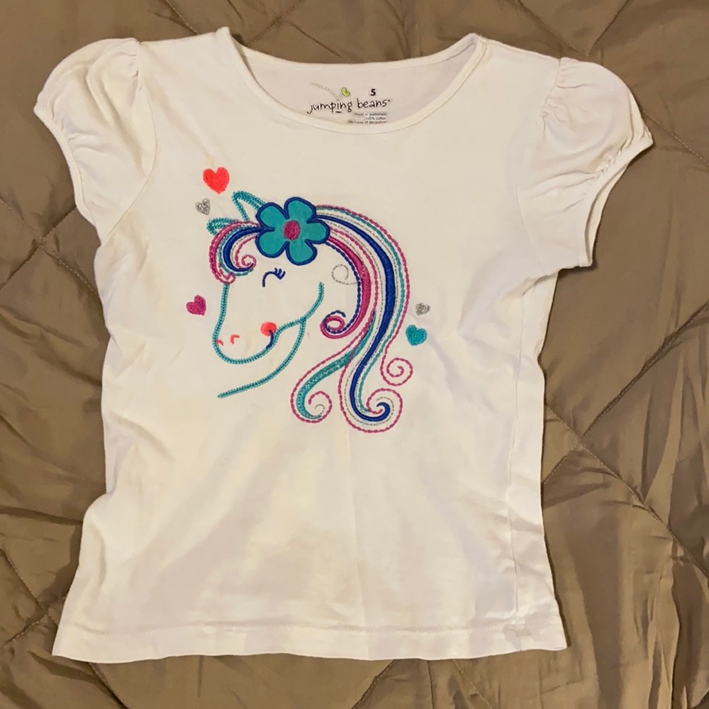 Jumping Beans size 5 white tshirt with embroidered unicorns